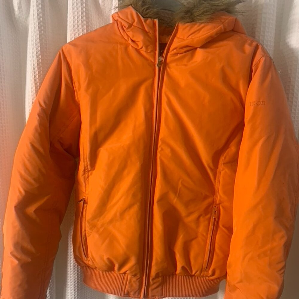 IZOD Outerwear Orange Neon Puffer Coat Faux Fur Hood Warm Jacket